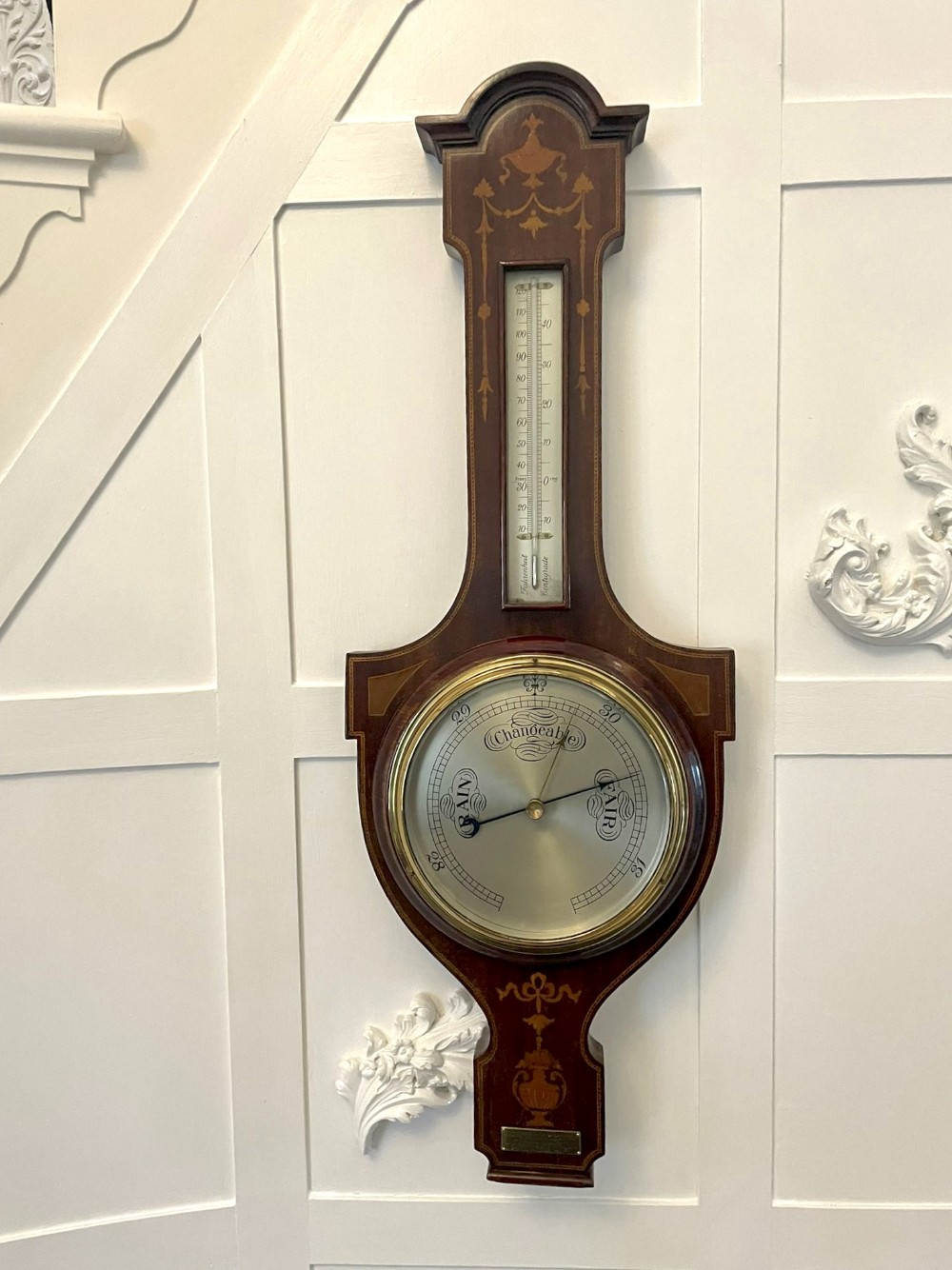   Antique Edwardian Quality Mahogany Inlaid Aneroid Banjo Barometer