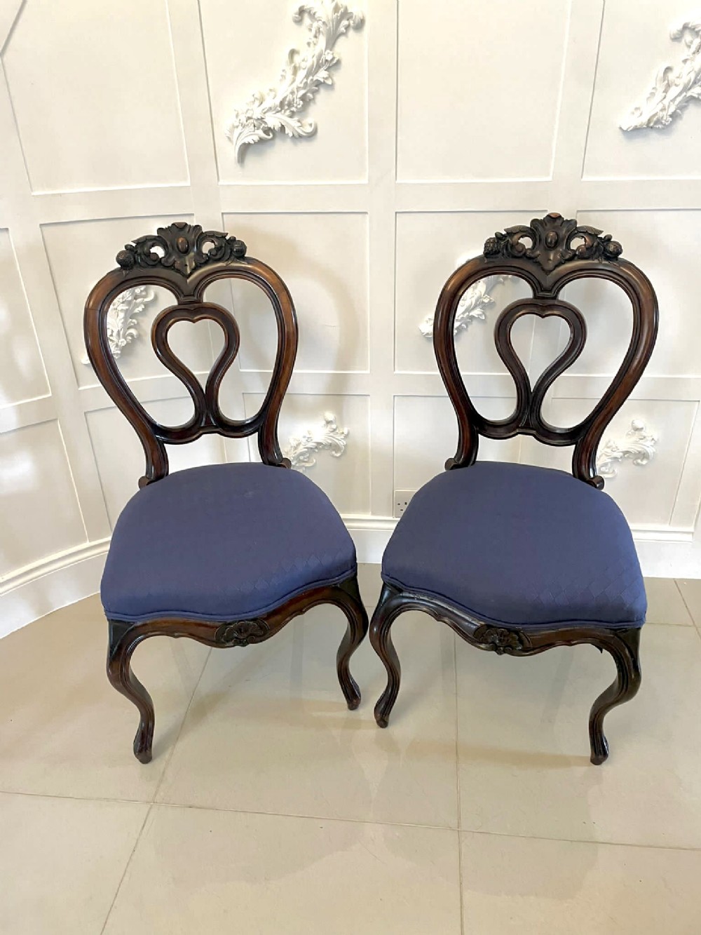 Outstanding Quality Pair of Antique Victorian Carved Walnut Side Chairs 

