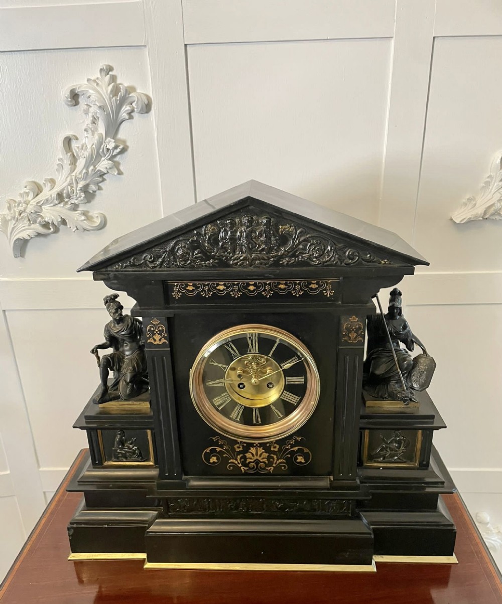   Extremely Large Antique Victorian Quality Marble And Bronze Mantle Clock 
