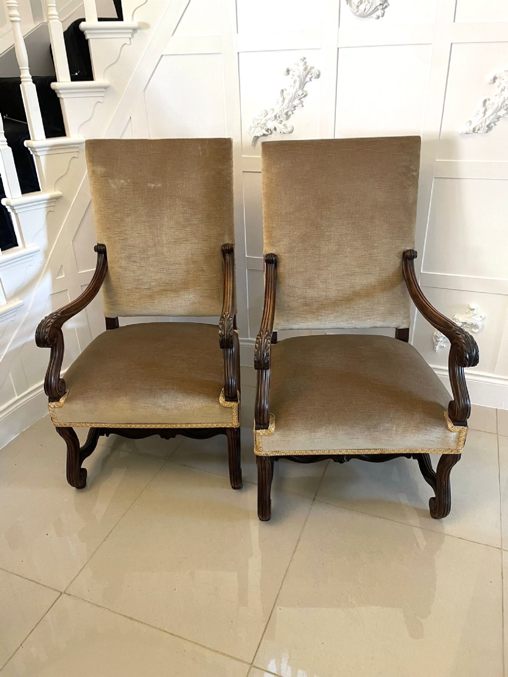   Large Pair of Antique French Victorian Quality Walnut  Armchairs 