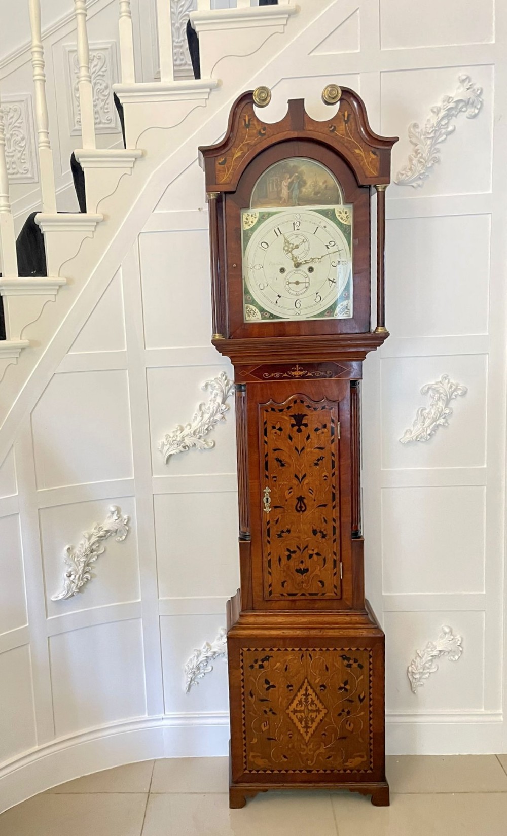 Outstanding Antique Quality Inlaid Marquetry Oak and Mahogany George III Longcase Clock Signed Rowntree, York
