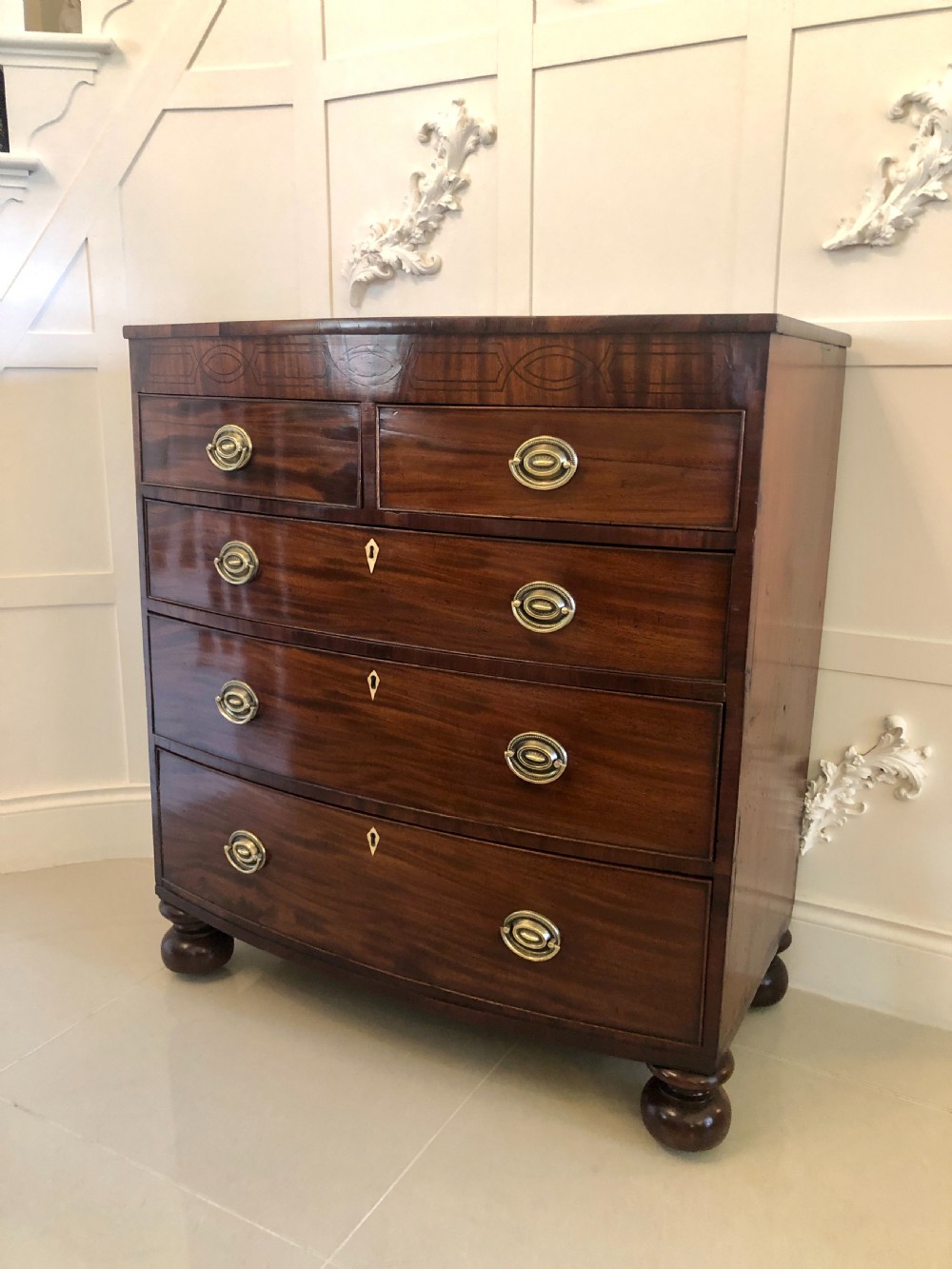Quality Antique Regency Mahogany Bow Fronted Chest of Drawers View XIII