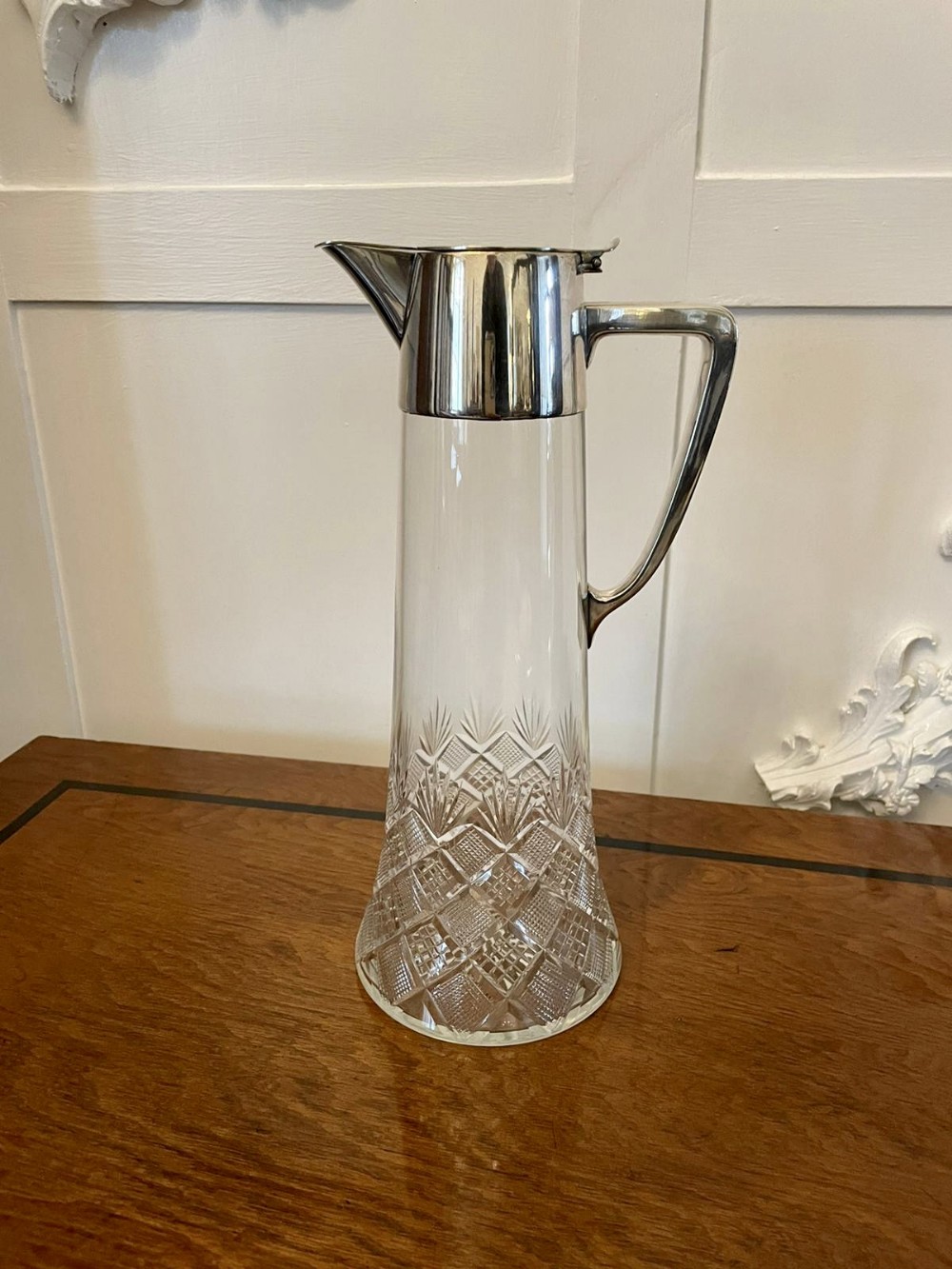 Antique Edwardian Quality Cut Glass And Silver Plated Claret Jug 
