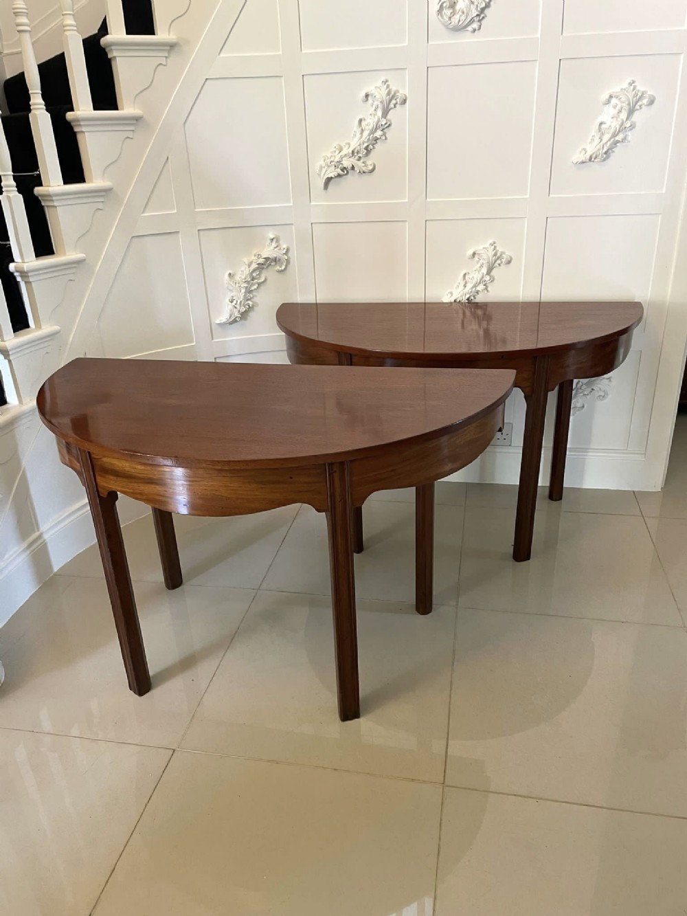   Pair of Antique George III Quality Mahogany Demi Lune Console Tables 
