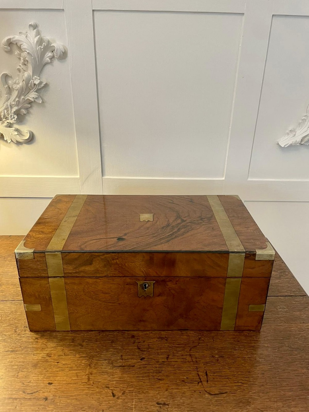  Antique Victorian Quality Figured Walnut Brass Bound Writing Box 

