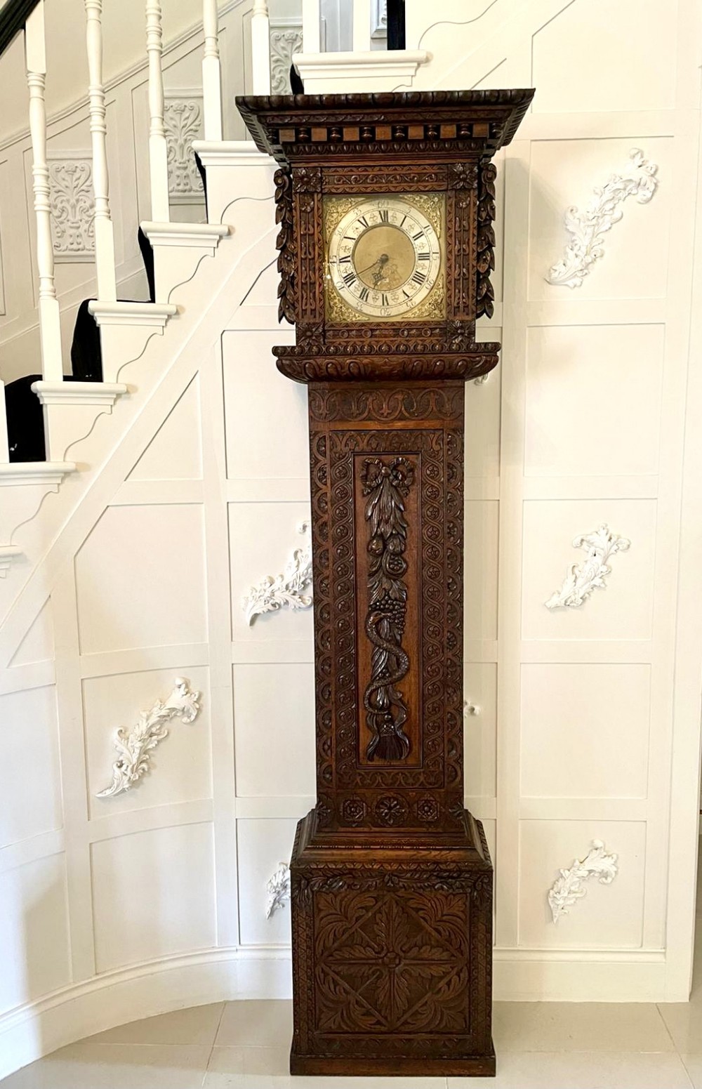  Outstanding Quality Carved Oak Brass Face Grandfather Clock 