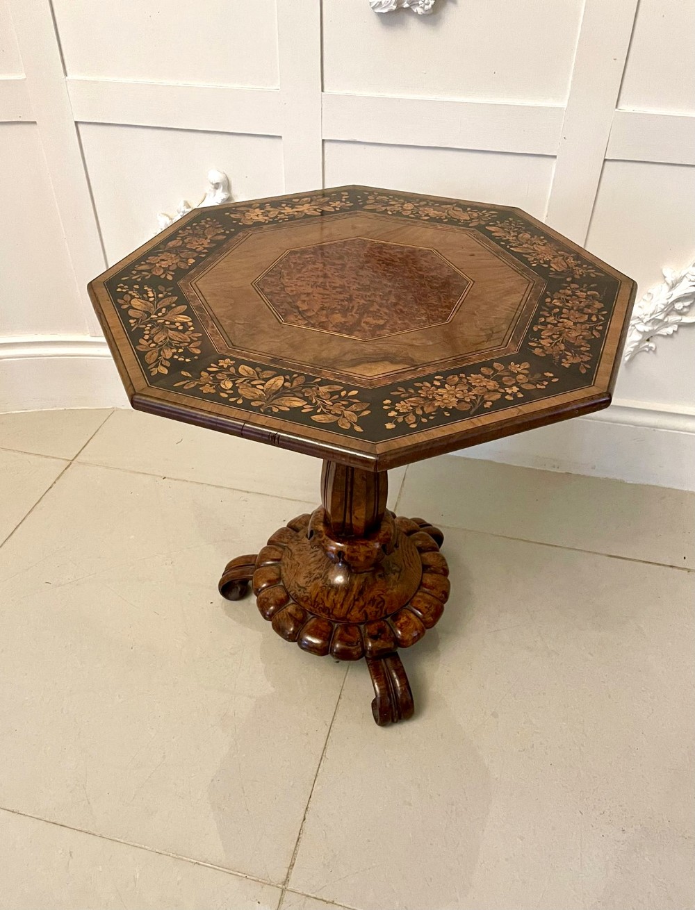 Outstanding Quality Antique Victorian Burr Walnut And Amboyna Marquetry Inlaid Lamp Table 

