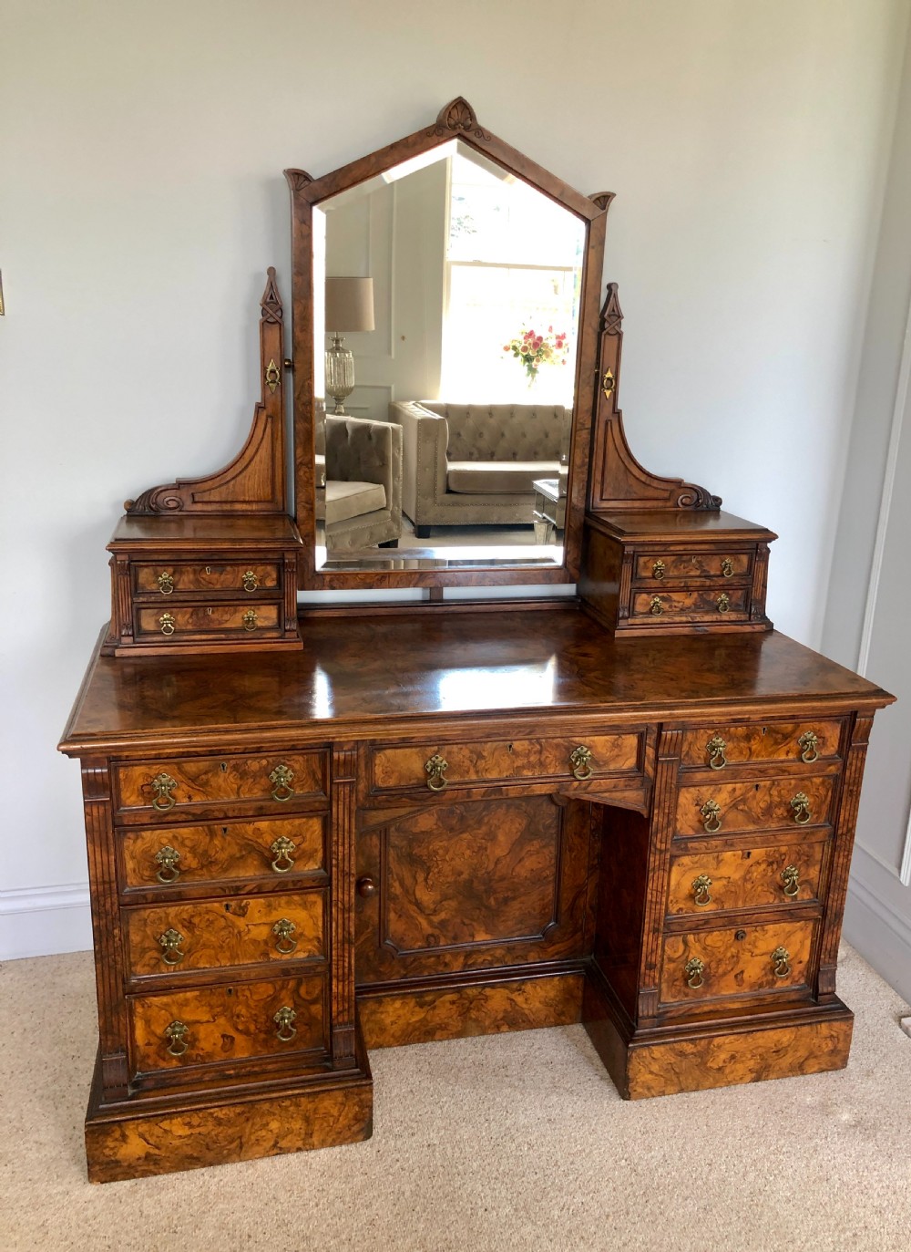 Outstanding Quality Antique Victorian Burr Walnut Dressing/Vanity Table by Maple & Co.London 