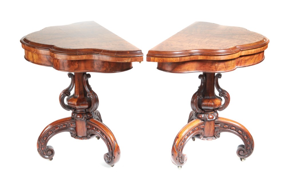  Rare & Unusual Pair of Antique Victorian Burr Walnut Card Tables c.1850
