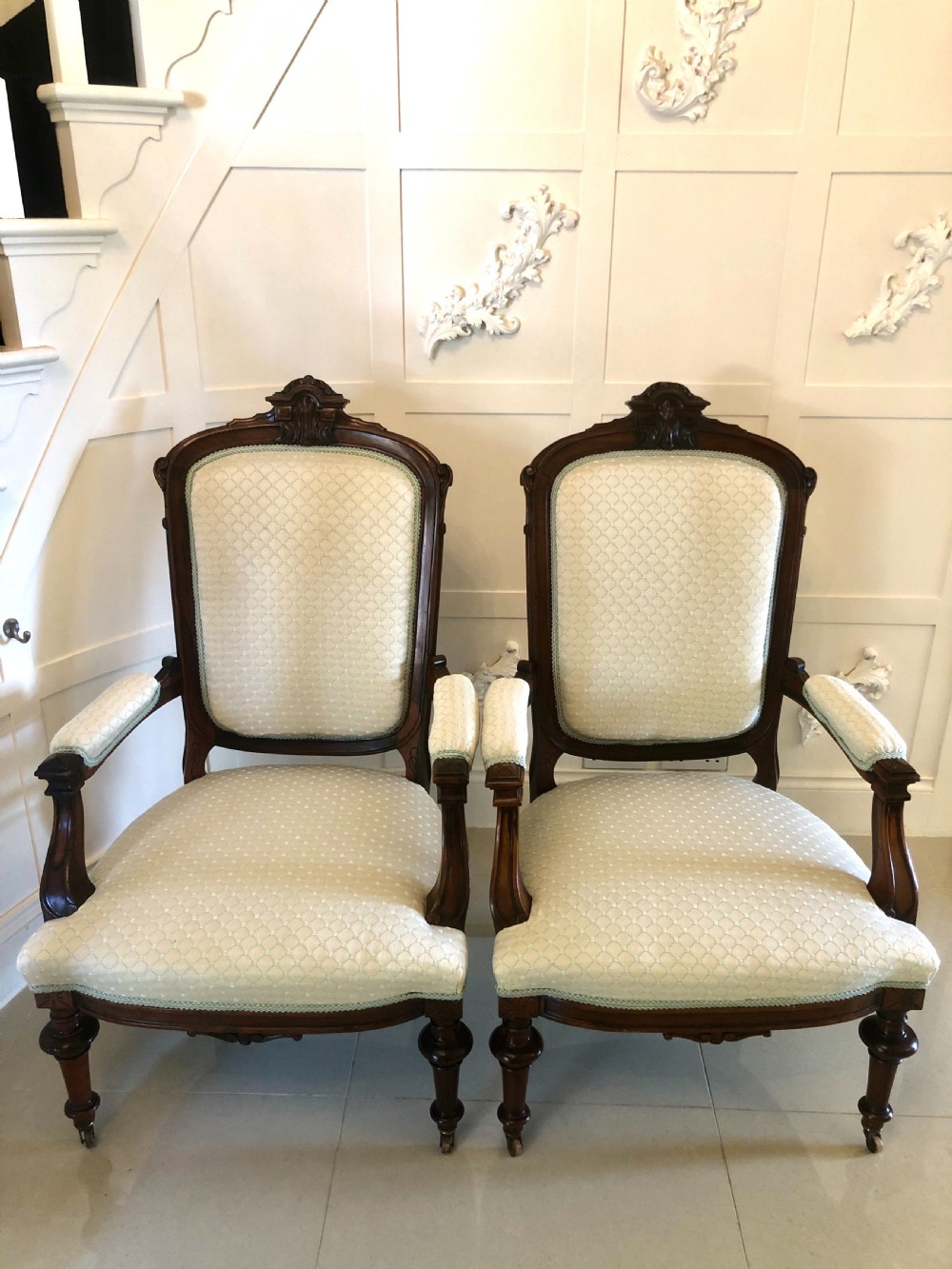  Fine Pair of Antique Victorian Carved Rosewood Library Chairs
