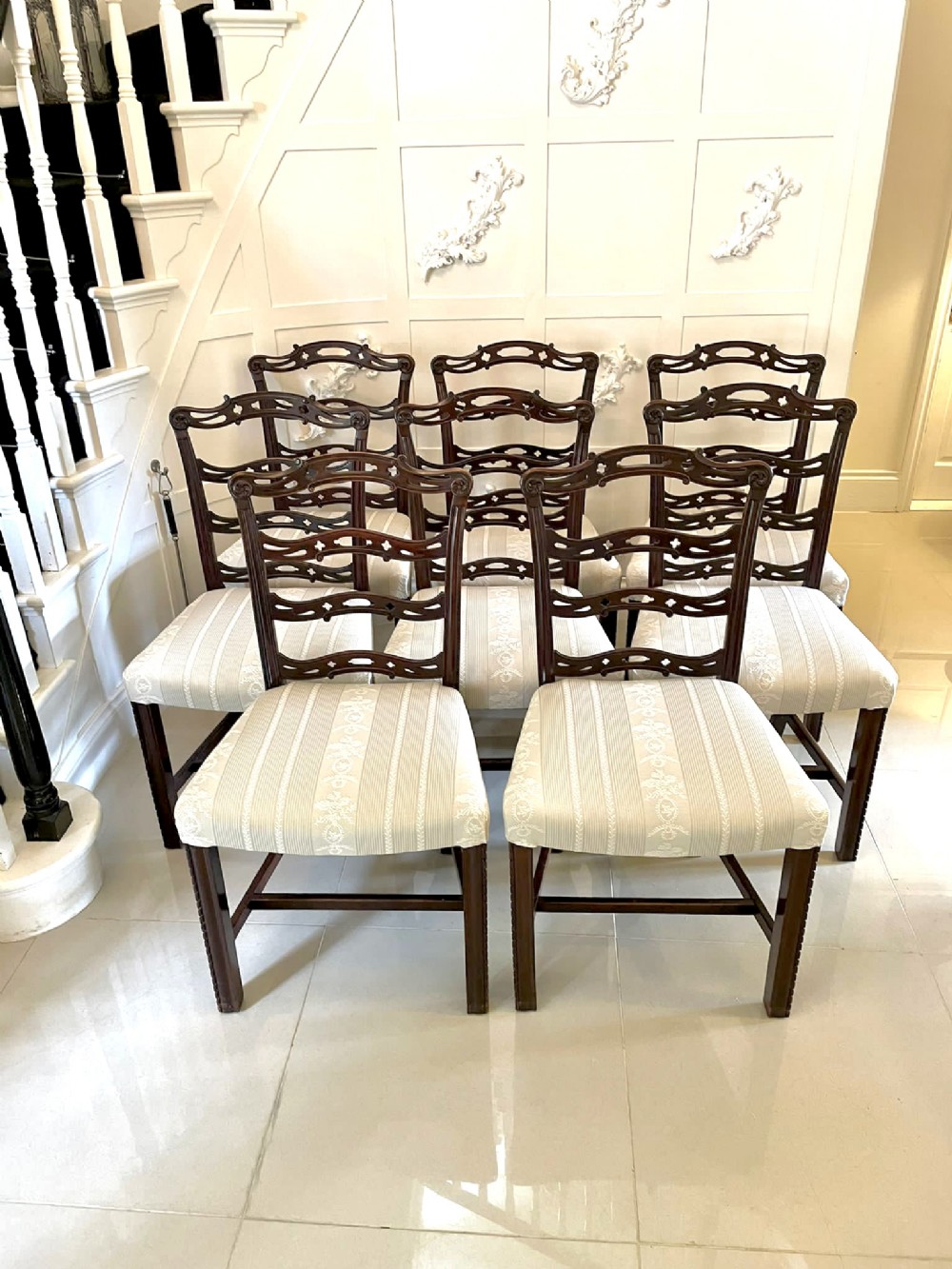   Set of Eight Antique Quality 19th Century Mahogany Ladder Back Dining Chairs 
