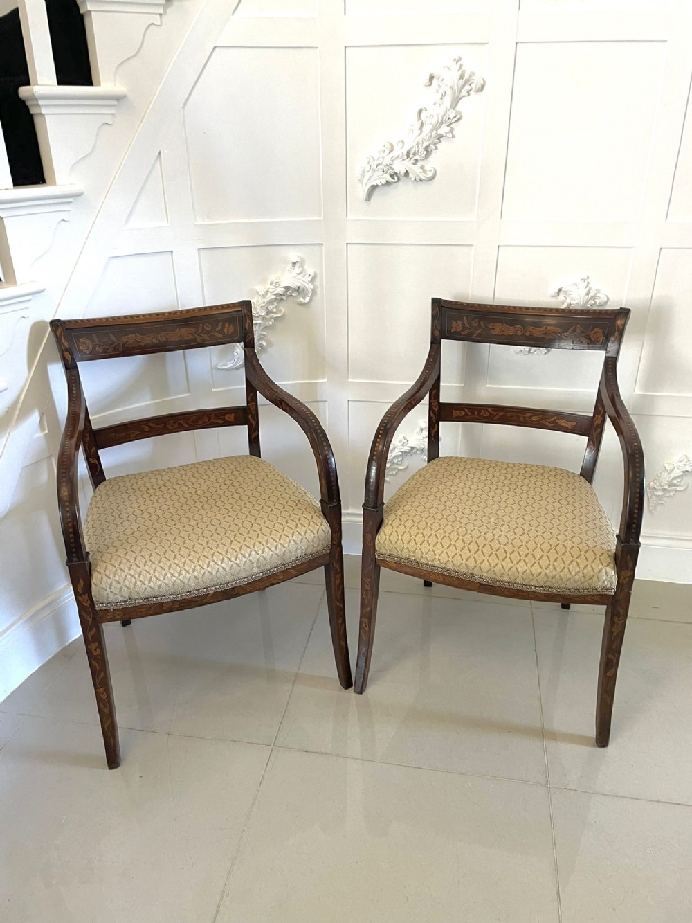   Fine Pair of Antique Regency Quality Floral Marquetry Inlaid Desk Chairs 
