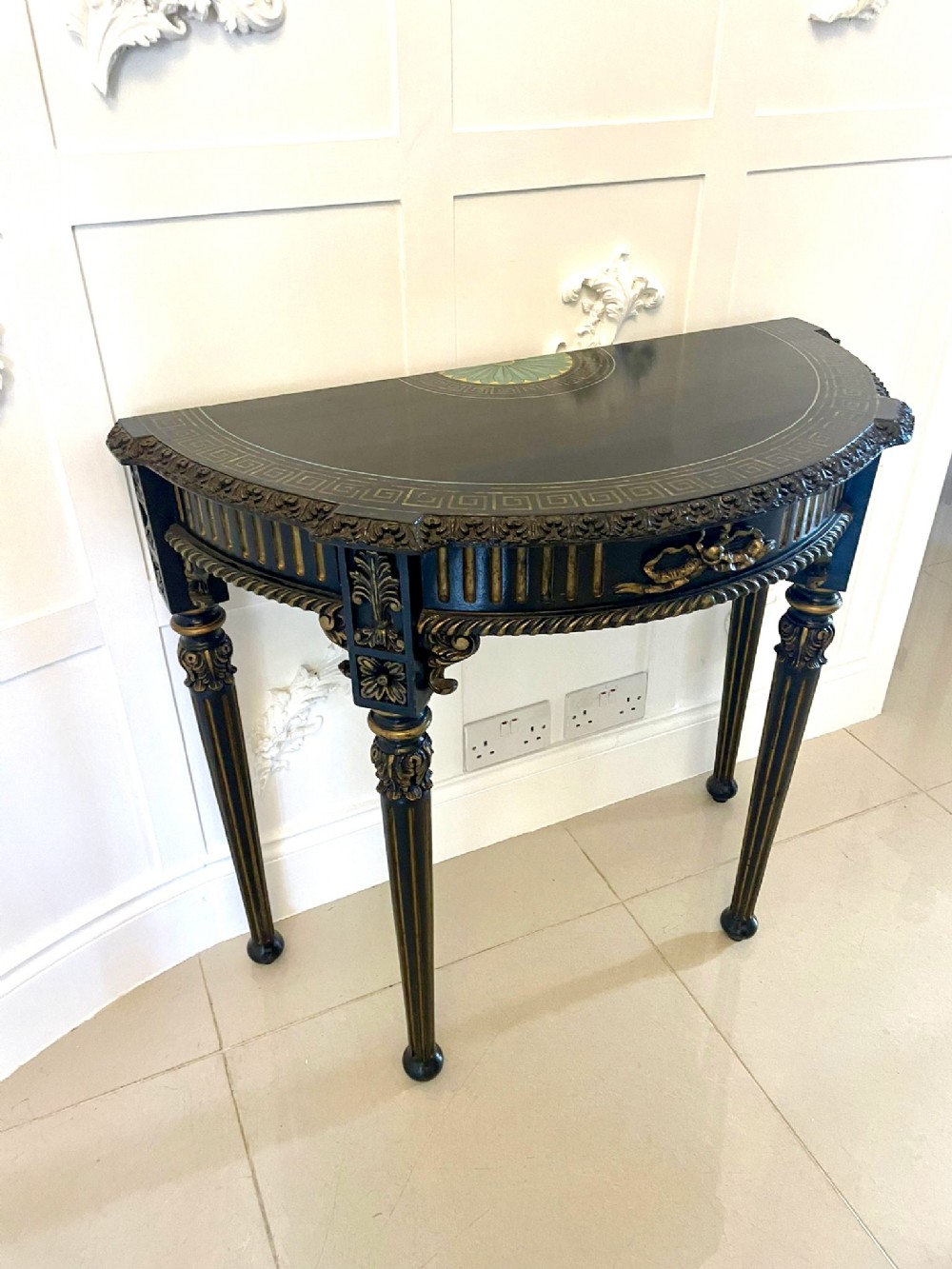   Fine Antique French Carved Demi-Lune Shaped Ebonised Console Table
