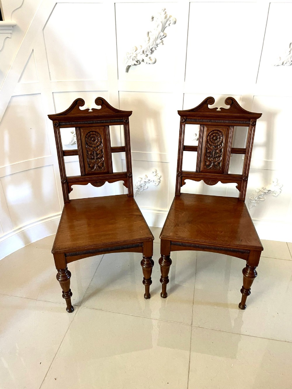  Pair of Quality Antique Carved Walnut Hall Chairs
