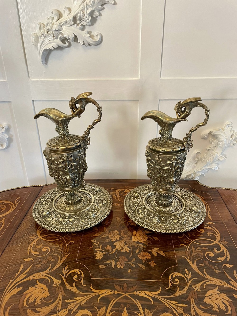 Superb Quality Pair of Antique Victorian Gilded Brass Ewers and Dishes