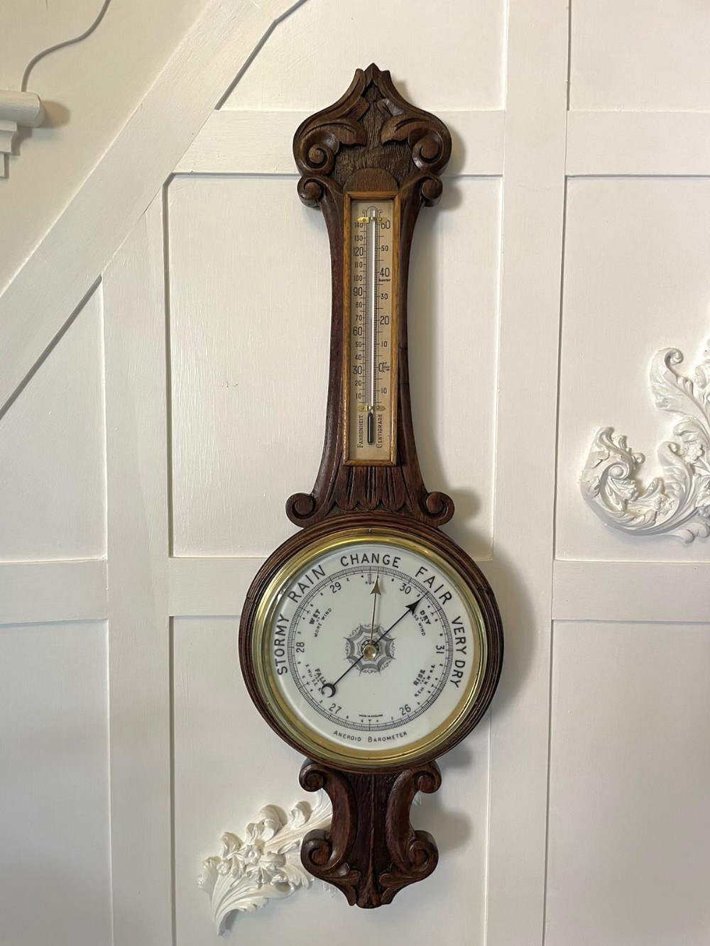 Antique Edwardian Quality Carved Oak Banjo Barometer 
