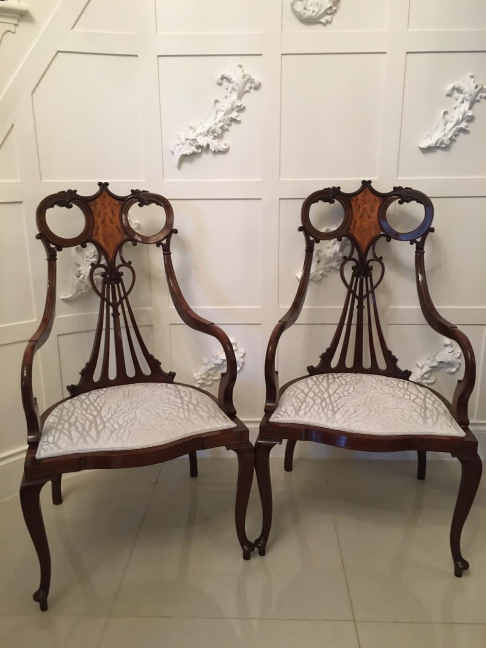 Outstanding Pair of 19th Century Victorian Antique Mahogany Inlaid Armchairs
