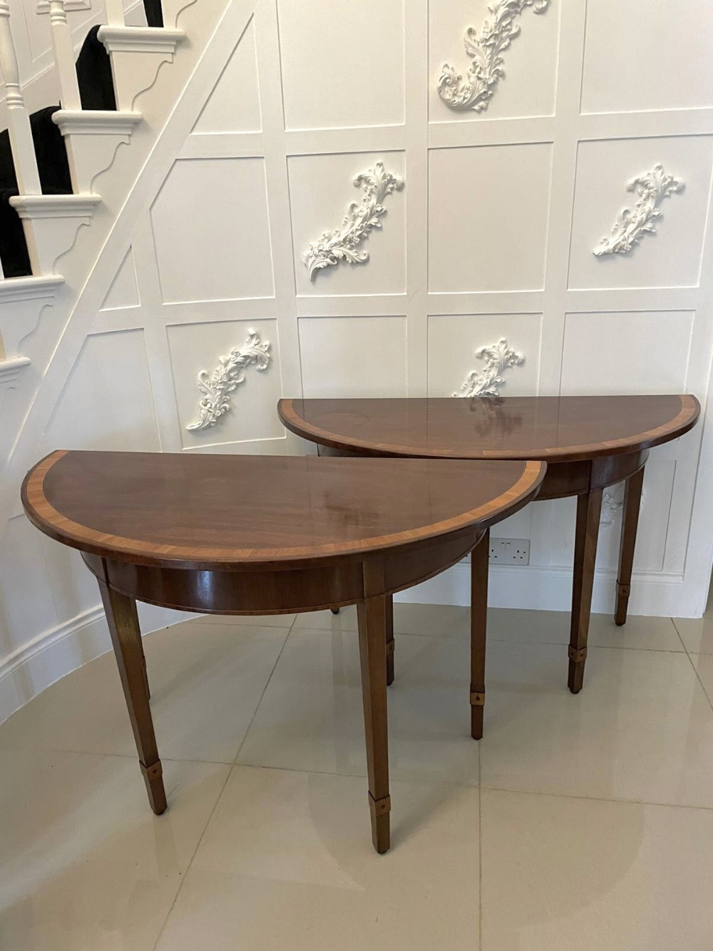  Pair of Antique George III Quality Figured Mahogany Demi Lune Console Tables 
