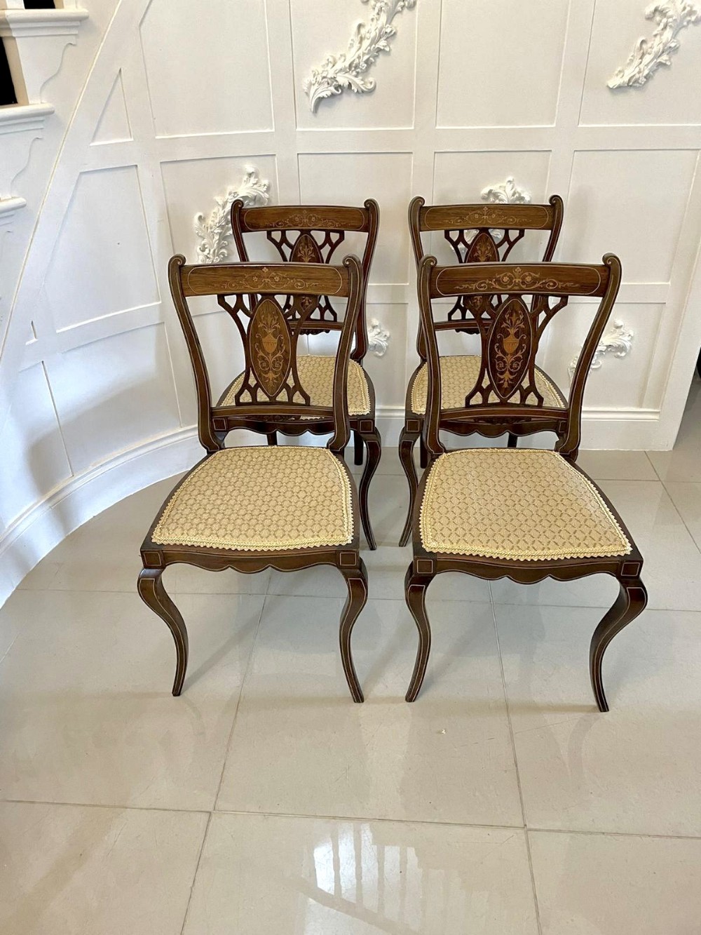  Antique Set of Four Edwardian Rosewood Inlaid Dining Chairs
