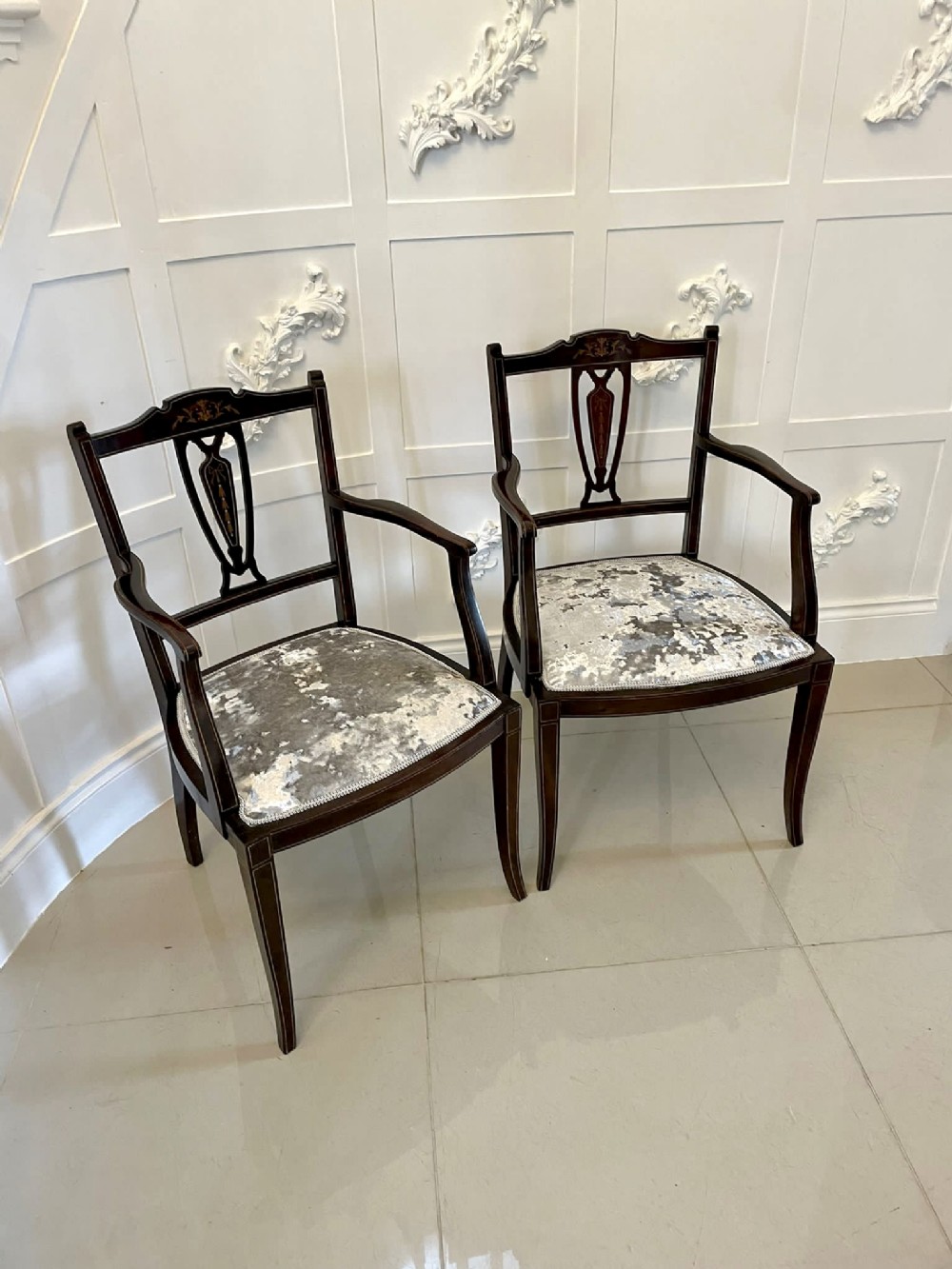  Pair of Antique Edwardian Mahogany Inlaid Armchairs
