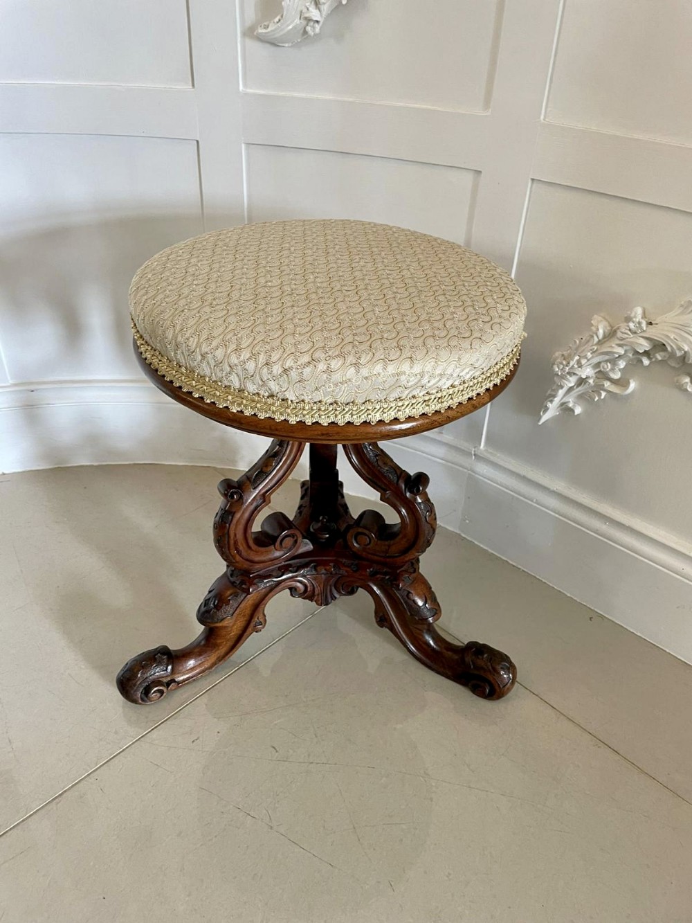   Outstanding Quality Antique Victorian Carved Walnut Stool