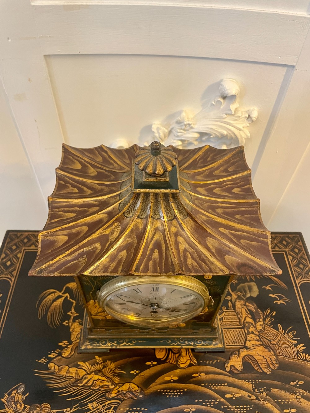 Quality Antique Victorian Chinoiserie Decorated Mantle Clock by Japy Fréres
 View X