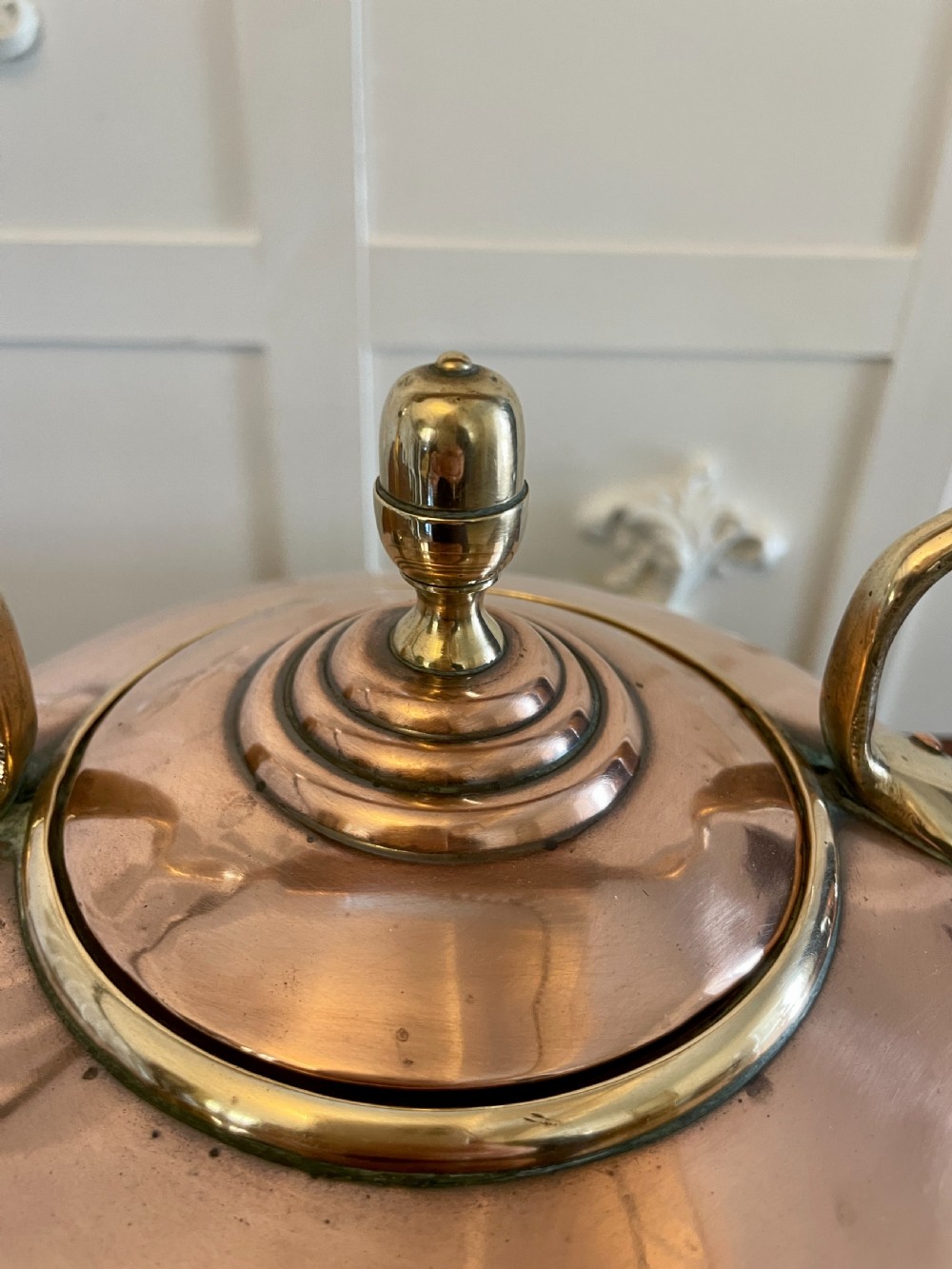 A George III copper tea kettle featuring brass handle mounts, an acorn finial, and a curved spout. View XI