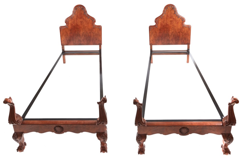 Pair of Fine Quality Carved Burr Walnut Single Beds C.1920
