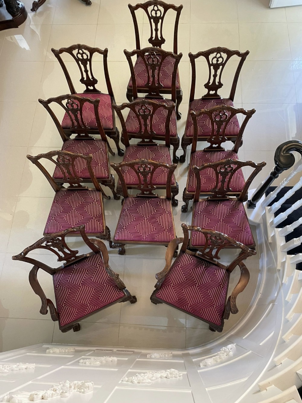  Set of 12 Antique Quality Carved Mahogany Dining Chairs 
