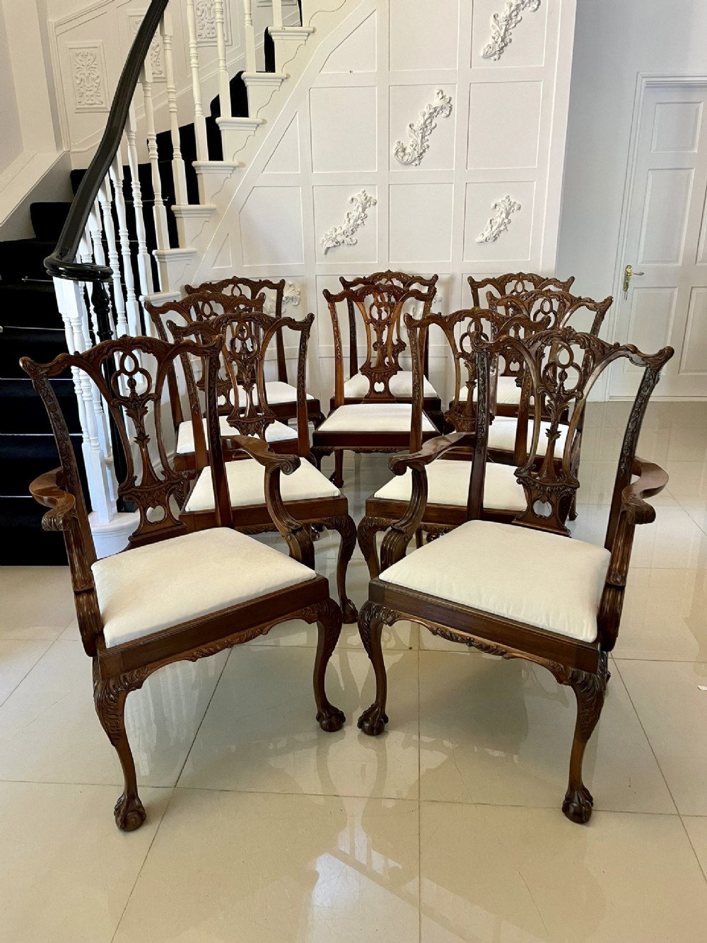   Fine Quality Set of 10 Antique Carved Mahogany Dining Chairs   