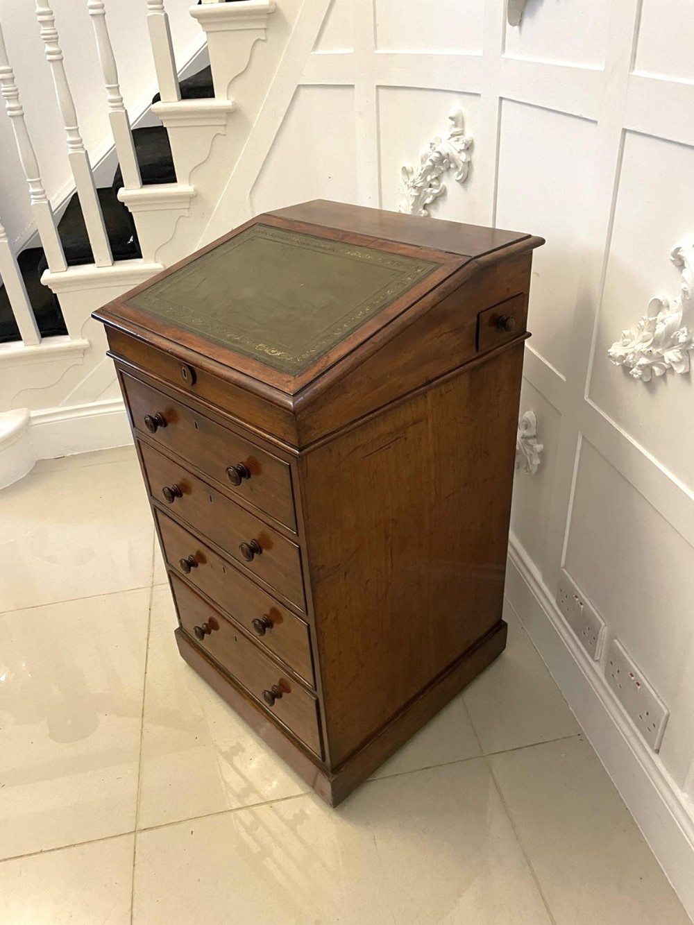 Antique Victorian Quality Mahogany Freestanding Slide Top Davenport by Charles Hindley and Sons, London
