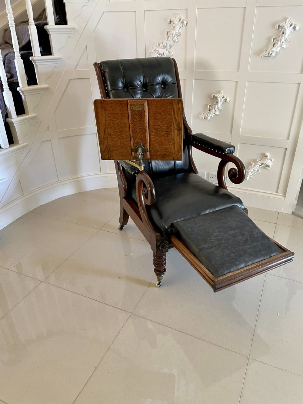 Unusual Antique William IV Quality Mahogany and Leather Reclining Library Chair 
