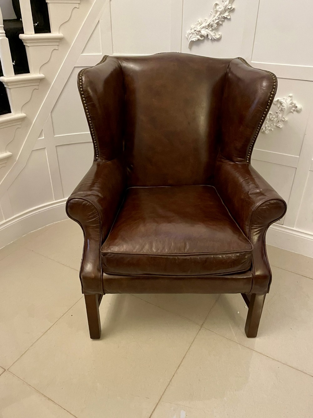 Large Antique Quality Leather Wing Armchair 
