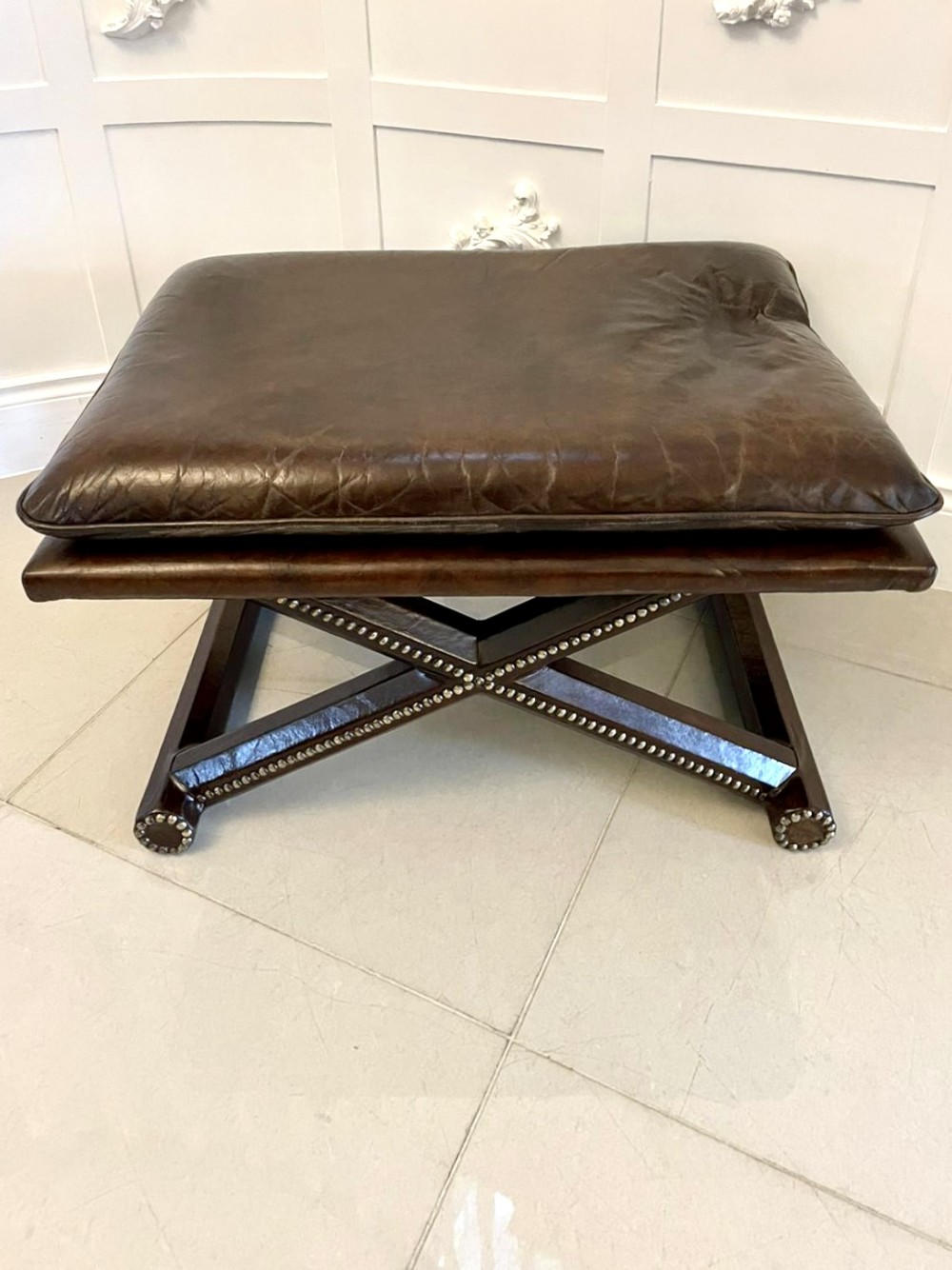Unusual Large Antique Quality Leather Freestanding Stool 