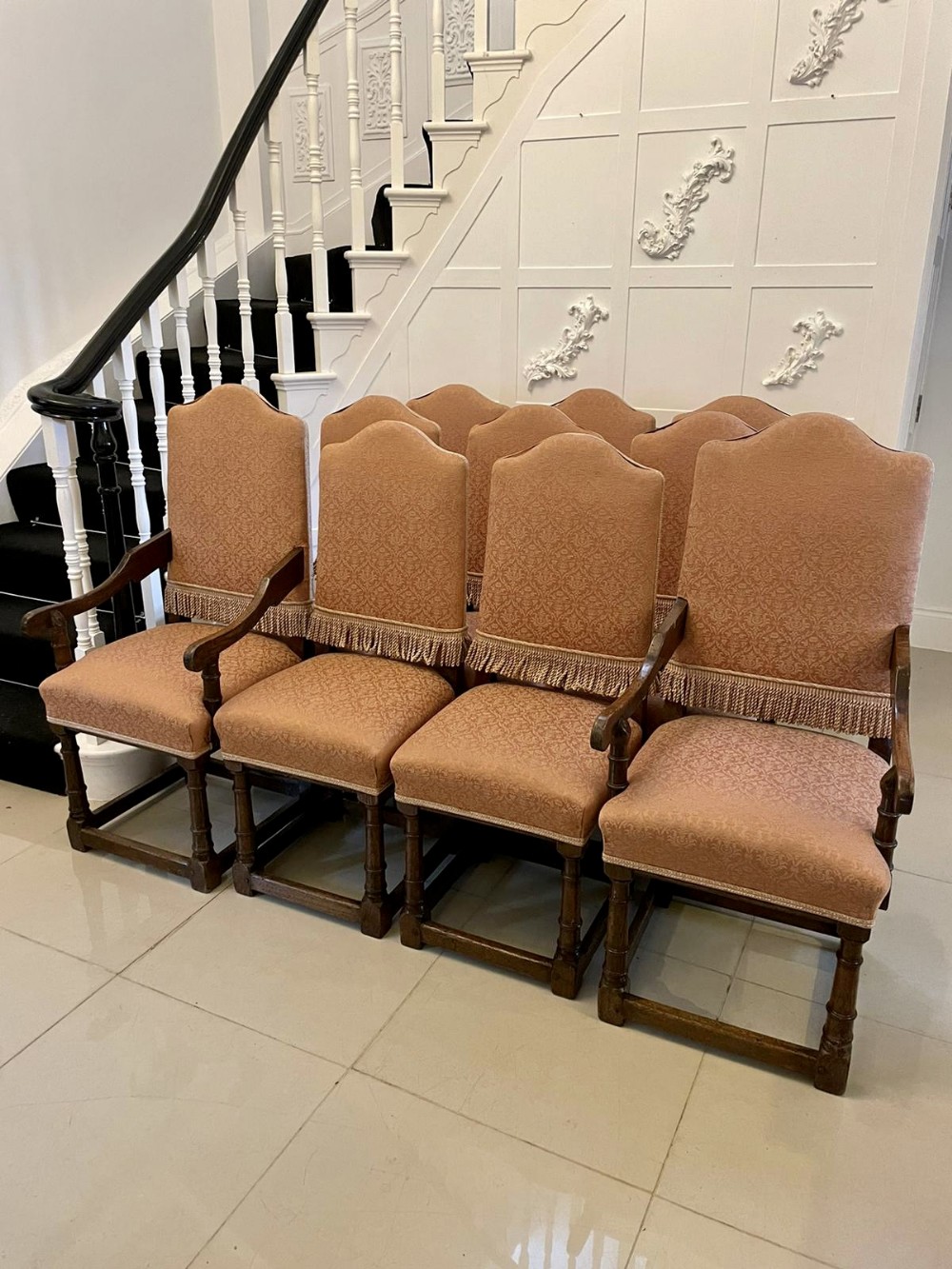 Set of 10 Antique Quality Oak Dining Chairs 