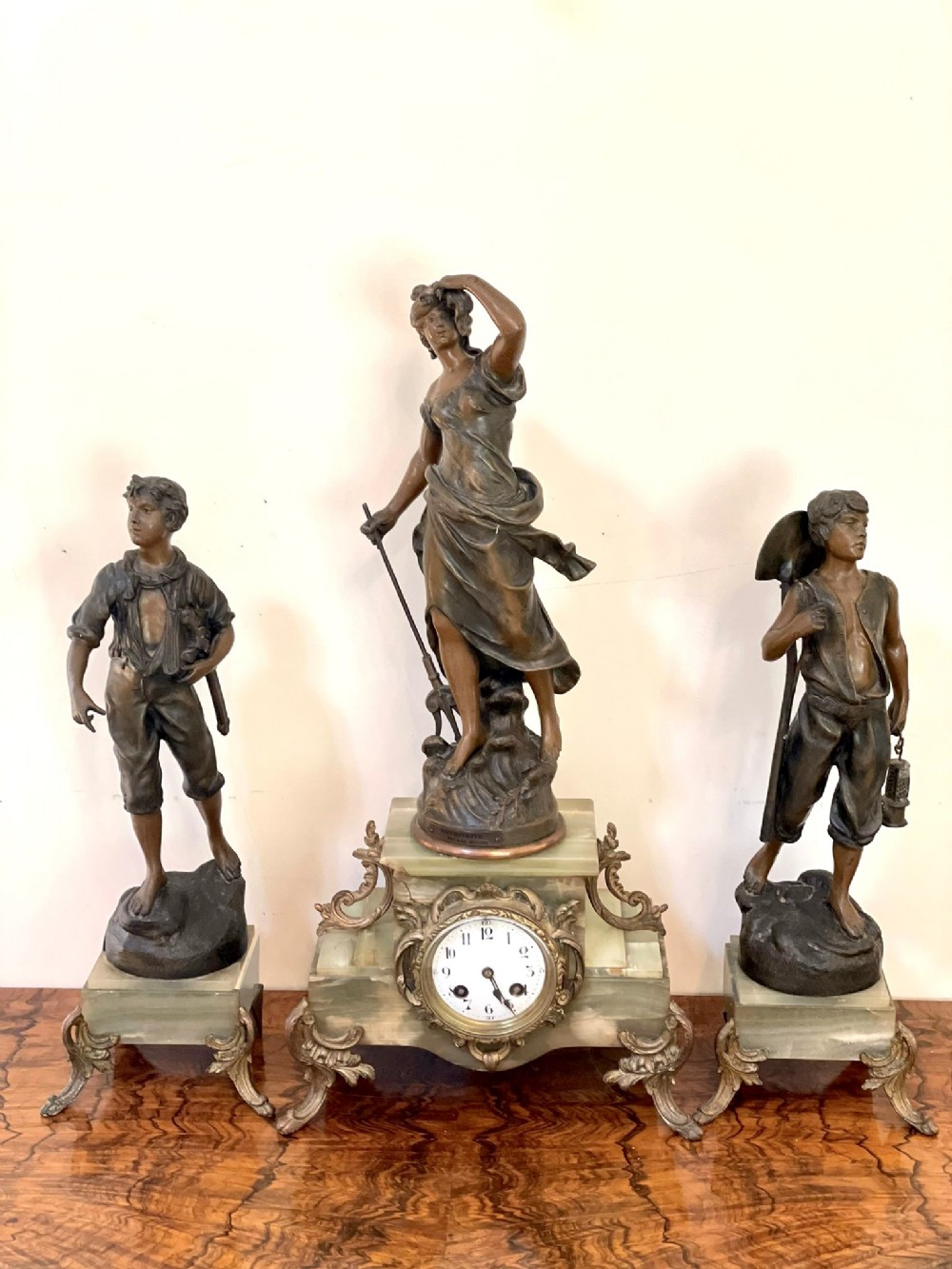  Antique 19th Century French Spelter and Onyx Three Piece Clock Garniture