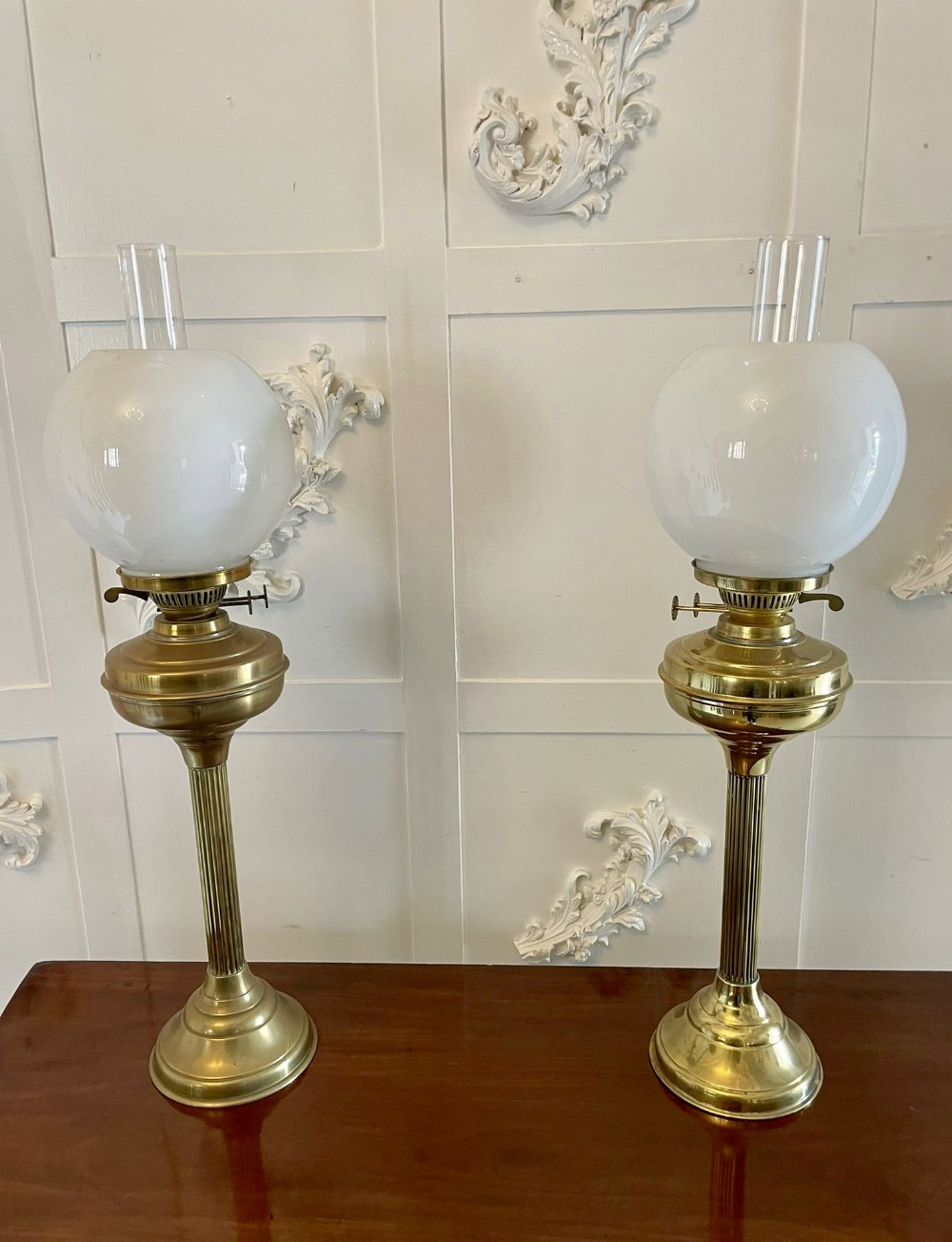 Pair of Antique Victorian Quality Brass Oil Lamps 