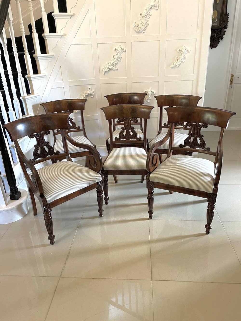 Outstanding Quality Set of 6 Antique Regency Carved Mahogany Dining Chairs 