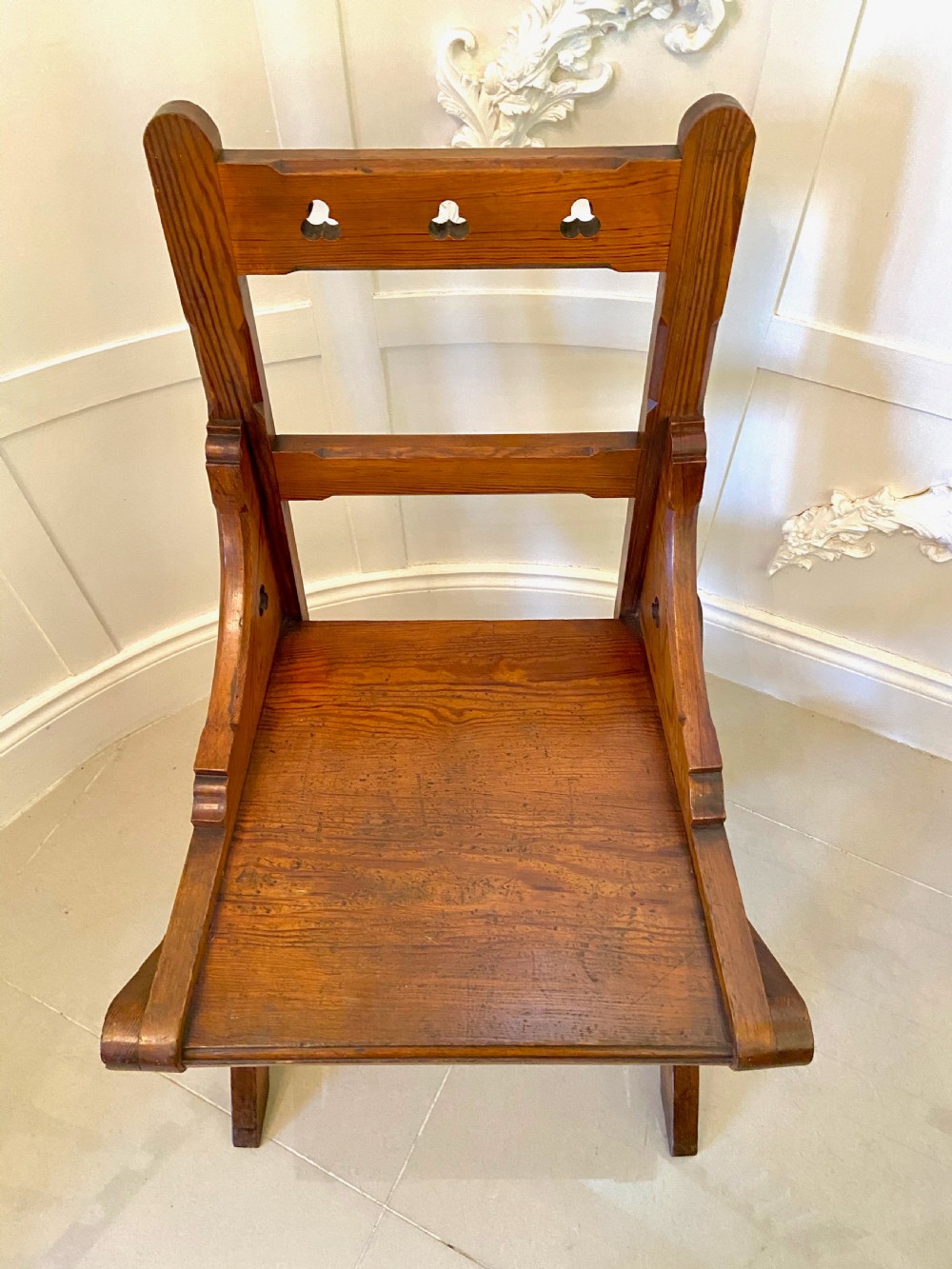 Unusual Antique Set of Twelve Gothic Pitch Pine Dining Chairs View II