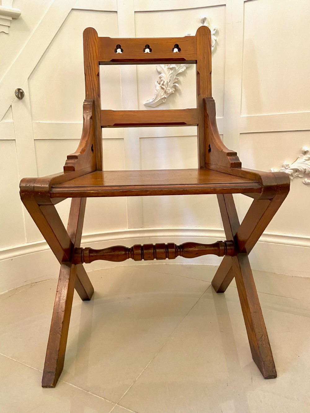 Unusual Antique Set of Twelve Gothic Pitch Pine Dining Chairs View IX
