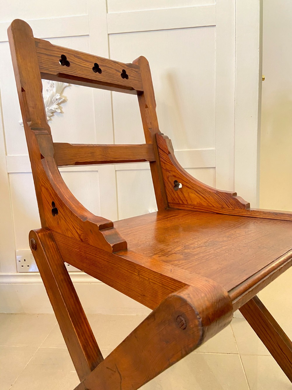 Unusual Antique Set of Twelve Gothic Pitch Pine Dining Chairs View XI