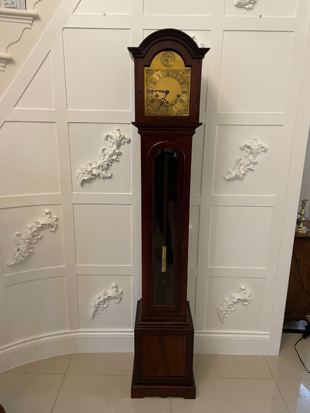Outstanding Quality Antique Mahogany 8 Day Chiming Grandmother Clock 