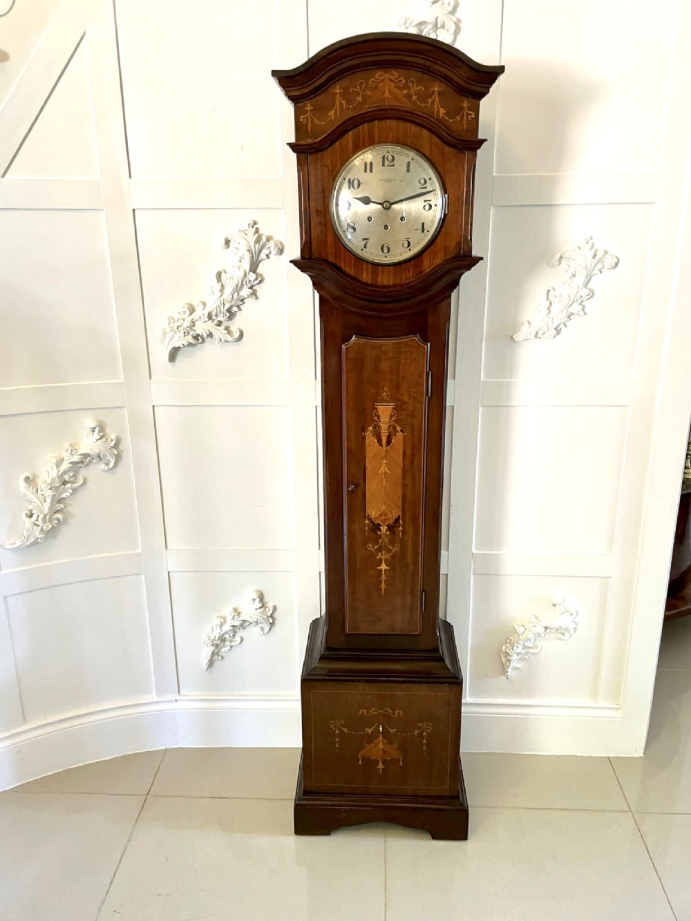 Unusual Antique Edwardian Quality Mahogany Marquetry Inlaid Grandmother Clock 