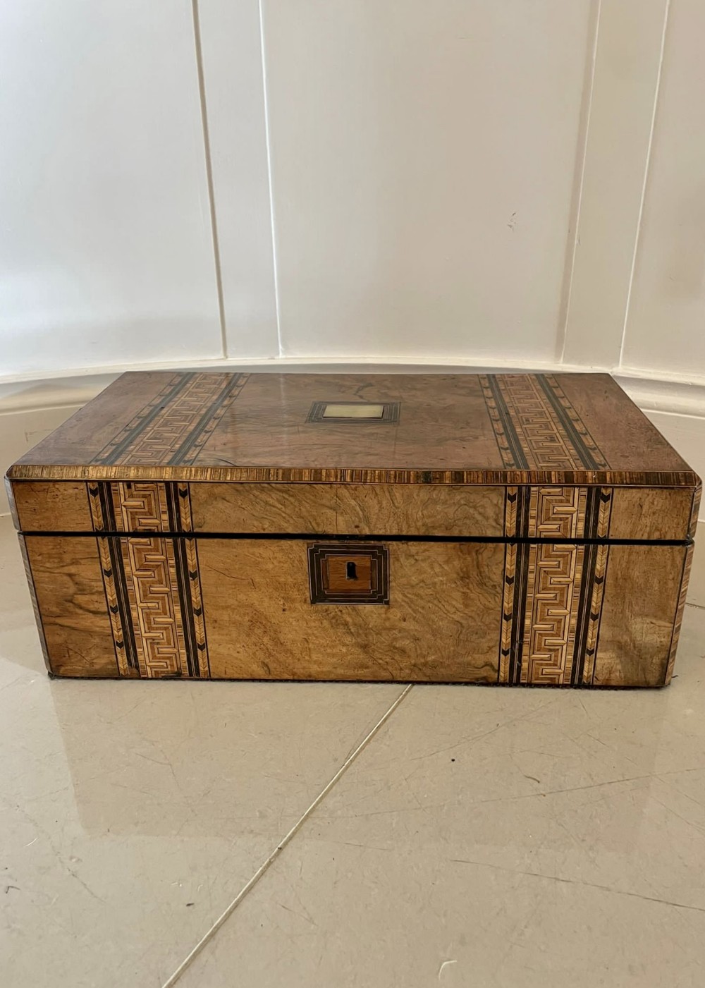 Large Antique Victorian Quality Burr Walnut Parquetry Inlaid Writing Box 