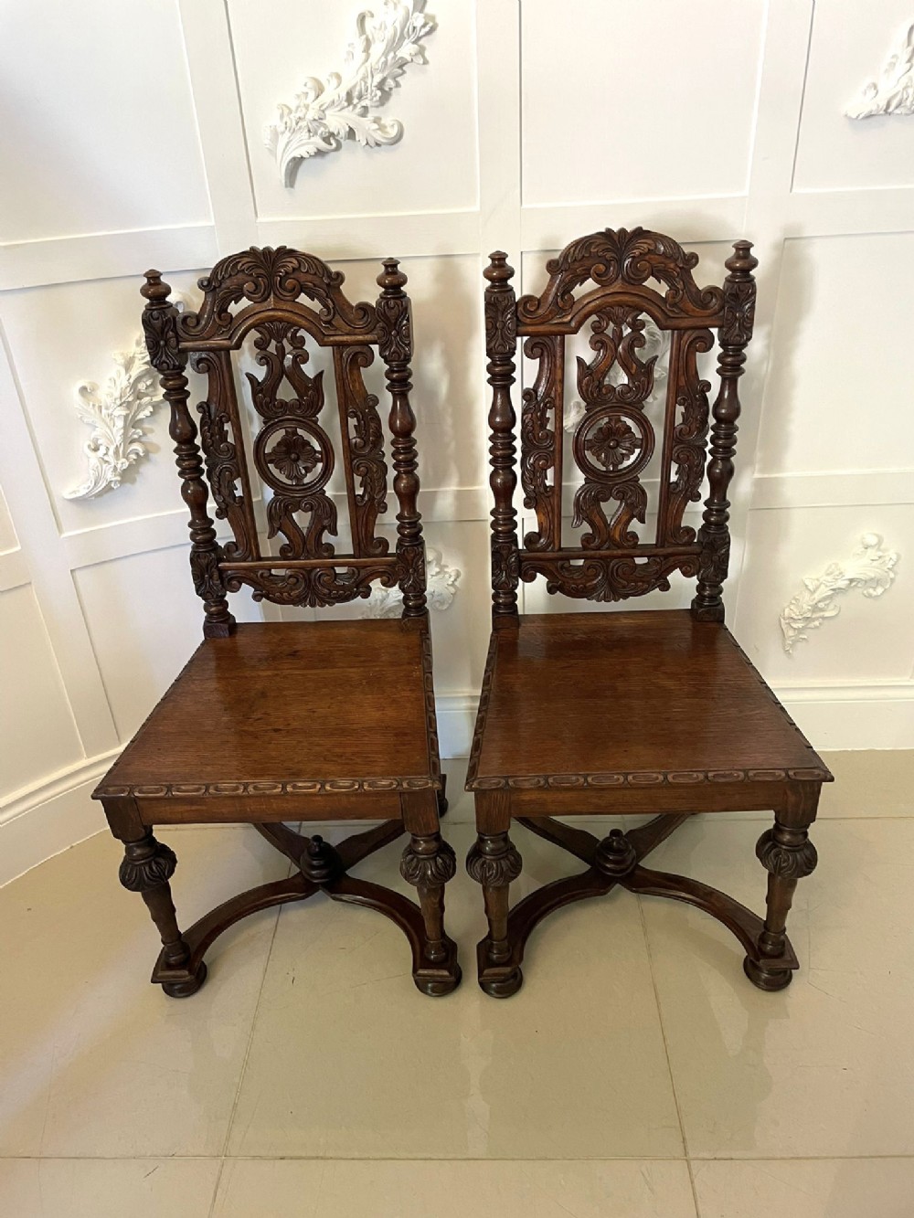 Superb Quality Pair of Antique Victorian Carved Oak Hall Chairs 