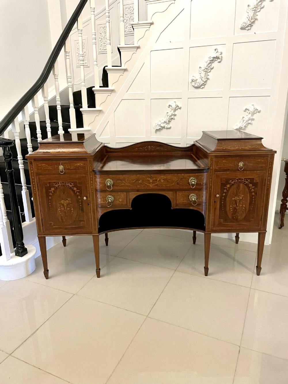 Fine Quality Antique 19th Century Mahogany Inlaid Marquetry Sideboard By Hewetsons, London