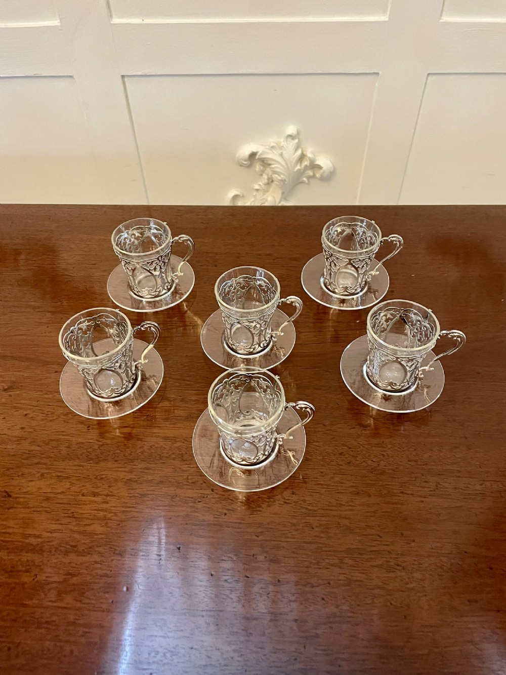 Fine Quality Set of 6 Antique Edwardian Solid Silver and Glass Coffee Cups
