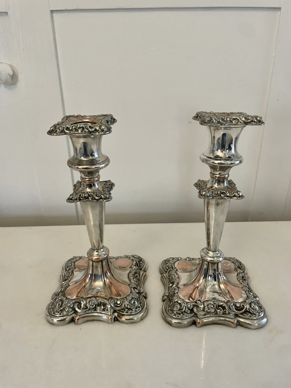 Pair of Antique Victorian Quality Ornate Sheffield Plated Candlesticks 
