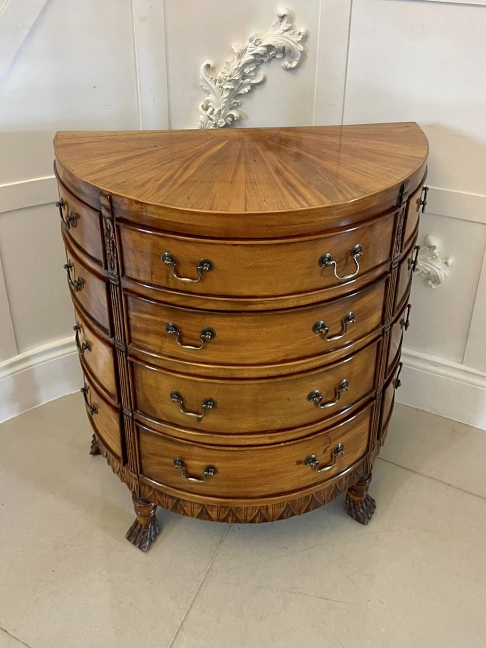 Unusual Antique Edwardian Quality Mahogany and Satinwood Demi Lune Shaped Chest of 12 Drawers 