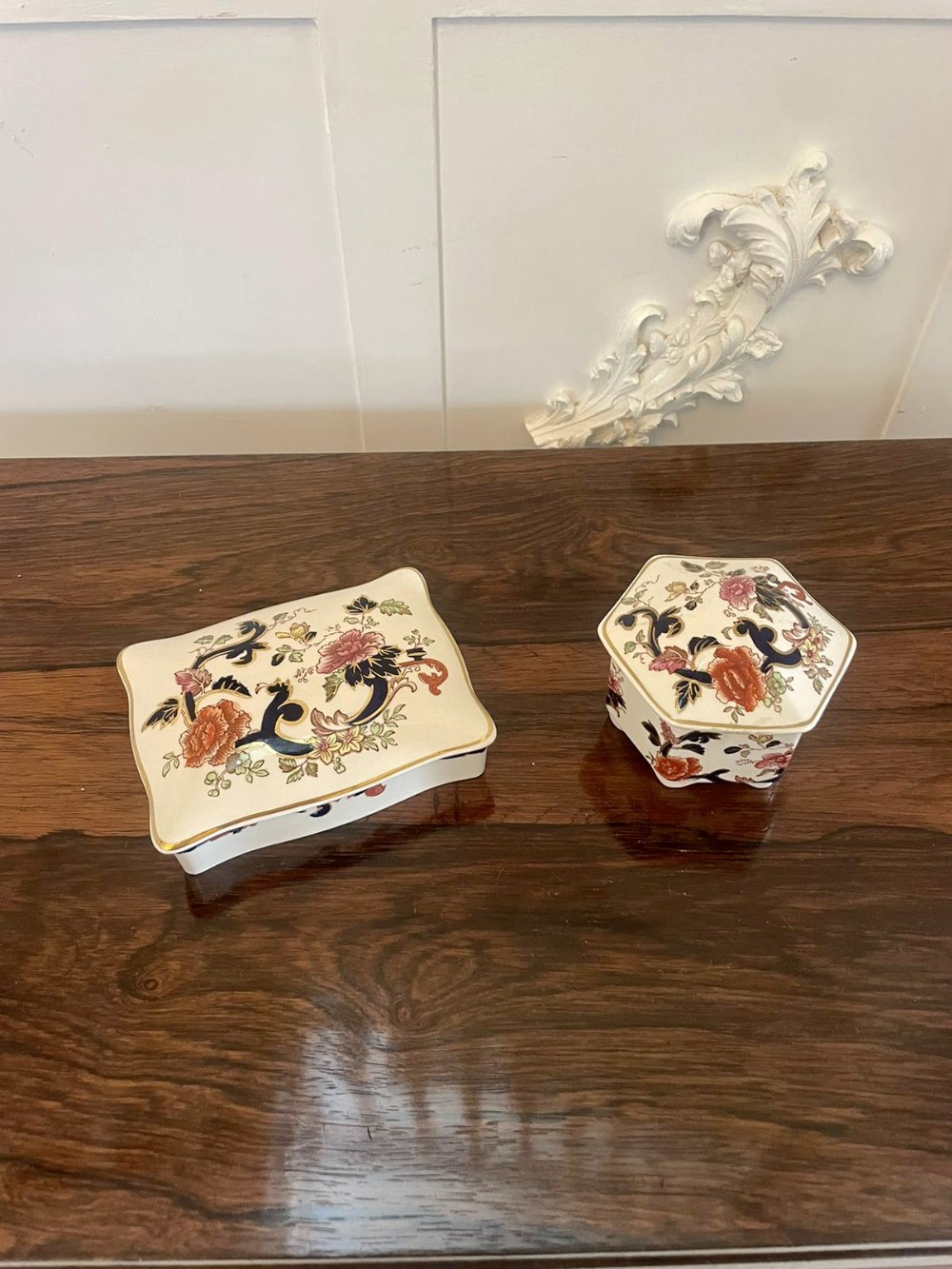 Quality Pair of Antique Hand Painted Masons Ironstone Trinket Boxes